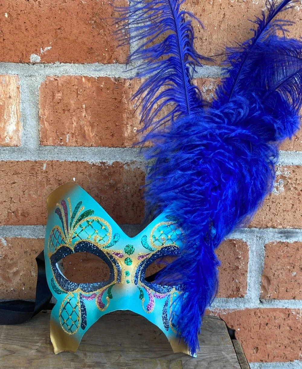 Pier 1 Mask Maschera Del Galeone Italy Hand-Painted Masquerade Blue Feathers
